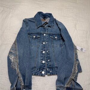 Women's Blue Denim Jacket with Silver Rhinestone Fringe